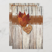 フェイクなバーラップ、木、葉、招待2を結婚するハート 招待状 (正面/裏面)