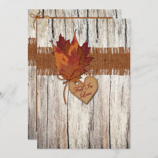 フェイクなバーラップ、木、葉、招待2を結婚するハート 招待状 (正面/裏面)