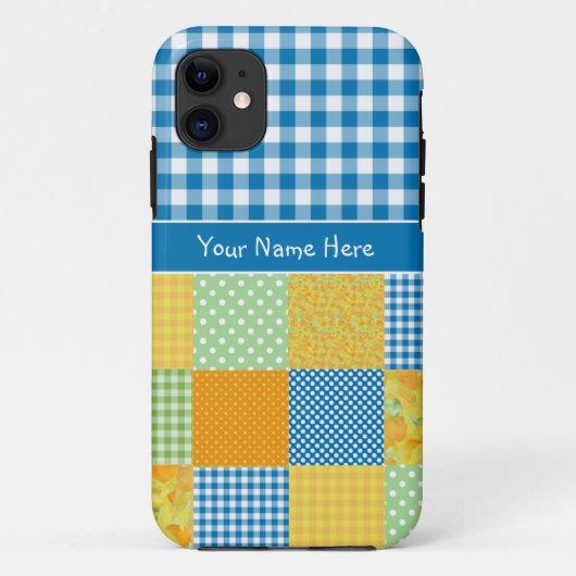 フェイクなパッチワークおよび青、白い点検のギンガム Case-Mate iPhoneケース (裏面)