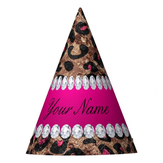 フェイクなヒョウのショッキングピンクのばら色の金ゴールドのホイルおよびダイヤモンド パーティーハット (正面)