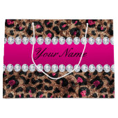 フェイクなヒョウのショッキングピンクのばら色の金ゴールドのホイルおよびダイヤモンド ラージペーパーバッグ (正面)