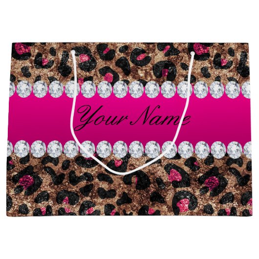 フェイクなヒョウのショッキングピンクのばら色の金ゴールドのホイルおよびダイヤモンド ラージペーパーバッグ (正面)