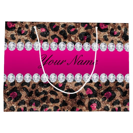 フェイクなヒョウのショッキングピンクのばら色の金ゴールドのホイルおよびダイヤモンド ラージペーパーバッグ (裏面)