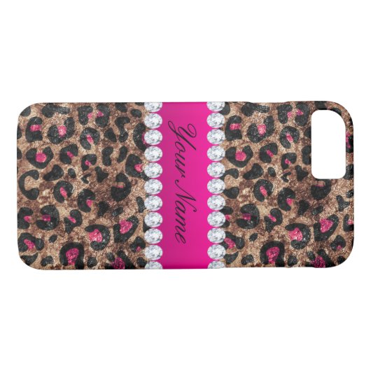 フェイクなヒョウのショッキングピンクのばら色の金ゴールドのホイルおよびダイヤモンド Case-Mate iPhoneケース (裏面(横))