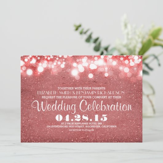 フェイクなピンクのグリッターのひもは結婚式招待状をつけます 招待状 (スタンド正面)