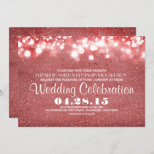 フェイクなピンクのグリッターのひもは結婚式招待状をつけます 招待状 (正面/裏面)