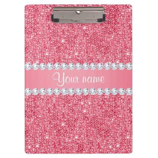 フェイクなピンクのスパンコールおよびダイヤモンド クリップボード (正面)