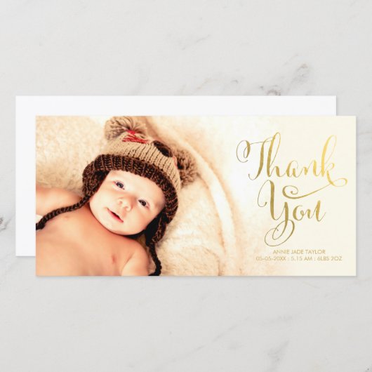 フェイクなホイルのベビーが感謝していしている金ゴールドは写真カードの上にありました サンキューカード (正面/裏面)