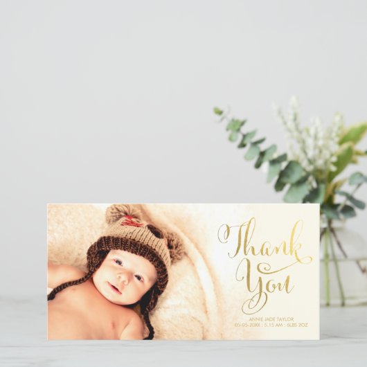 フェイクなホイルのベビーが感謝していしている金ゴールドは写真カードの上にありました サンキューカード (スタンド正面)
