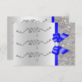 フェイクなロイヤルブルーの弓銀のスパンコールRSVPの結婚式 出欠カード (正面/裏面)