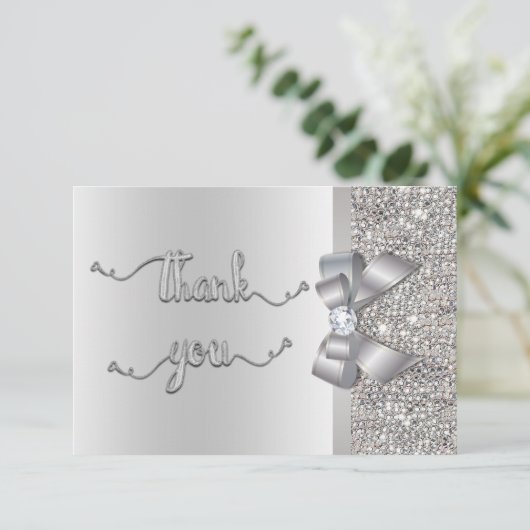 フェイクな弓銀のスパンコールは結婚式感謝していしています サンキューカード (スタンド正面)