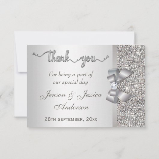 フェイクな弓銀のスパンコールは結婚式感謝していしています サンキューカード (裏面)