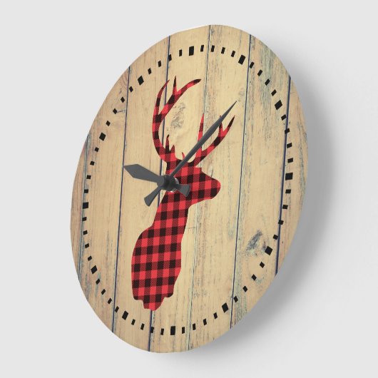 フェイクな木の(雄ジカの)枝角を搭載する格子縞のシカの頭部 ラージ壁時計 (傾斜)