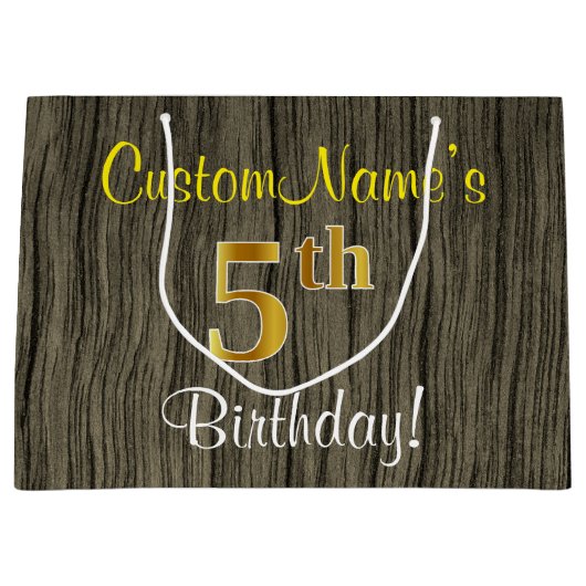 フェイクな木製の一見、フェイクな金ゴールドの第5誕生日 + 名前 ラージペーパーバッグ (正面)