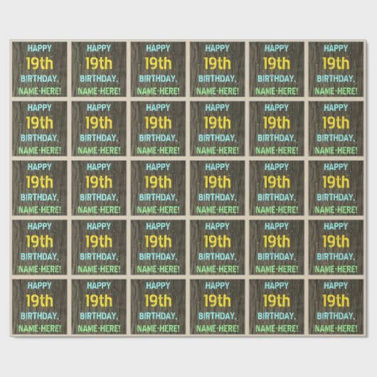 フェイクな木、色彩の鮮やかな文字の一見、第19誕生日 + 名前 ラッピングペーパー (フラット)