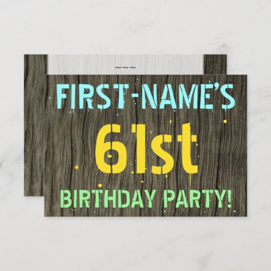 フェイクな木、色彩の鮮やかな文字の一見、第61誕生日 + 名前 招待状 (正面/裏面)