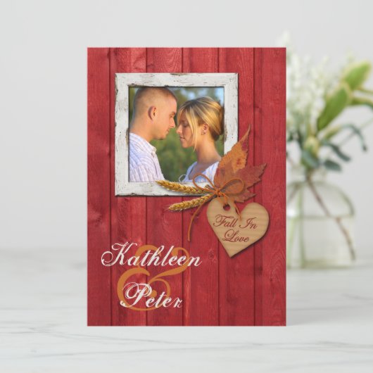 フェイクな木、葉、ハート、ムギの写真の結婚式 招待状 (スタンド正面)