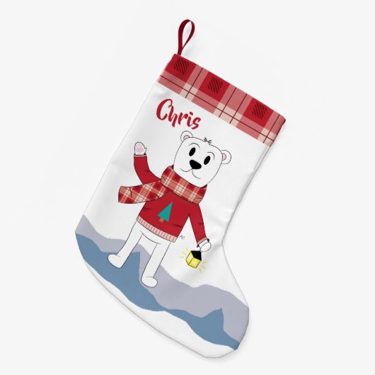 フェイクな格子縞のボーダーおよび白くまが付いているストッキング スモールクリスマスストッキング (正面 (吊り時))