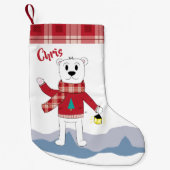 フェイクな格子縞のボーダーおよび白くまが付いているストッキング スモールクリスマスストッキング (正面)