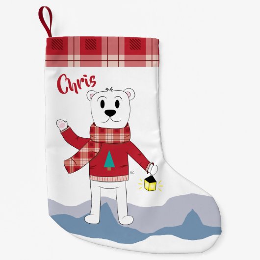 フェイクな格子縞のボーダーおよび白くまが付いているストッキング スモールクリスマスストッキング (正面)