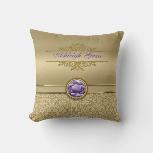 フェイクな紫色の宝石用原石の光沢がある金属金ゴールドのダマスク織 クッション (正面)