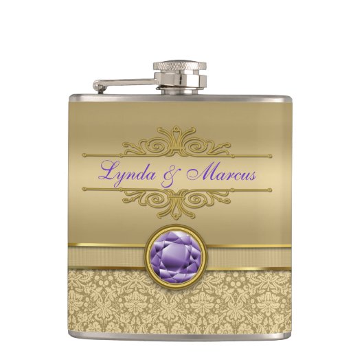 フェイクな紫色の宝石用原石の光沢がある金属金ゴールドのダマスク織 フラスク (正面)