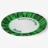 フェイクな緑のサテンの"ハッピーバースデー"を個人化して下さい ペーパープレート (アングル)