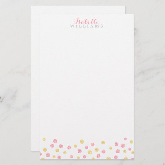 フェイクな金ゴールドおよびピンクのグリッターの紙吹雪の点 便箋 (正面/裏面)