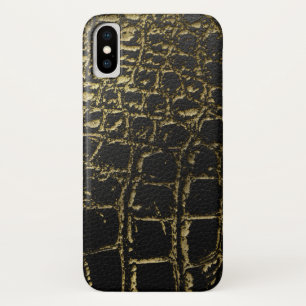 フェイクな金ゴールドおよびワニの/Snakeの黒い皮 iPhone X ケース