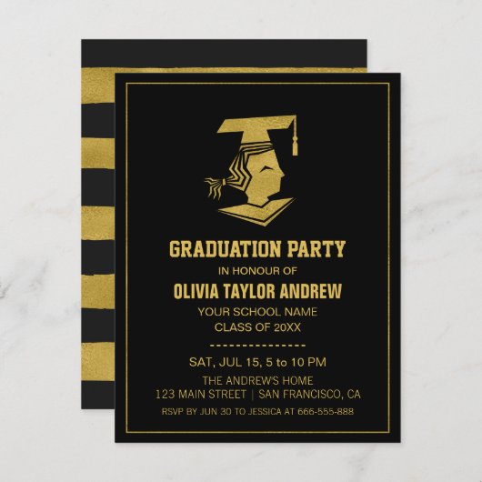 フェイクな金ゴールドおよび黒い卒業のパーティの招待状 招待状 (正面/裏面)
