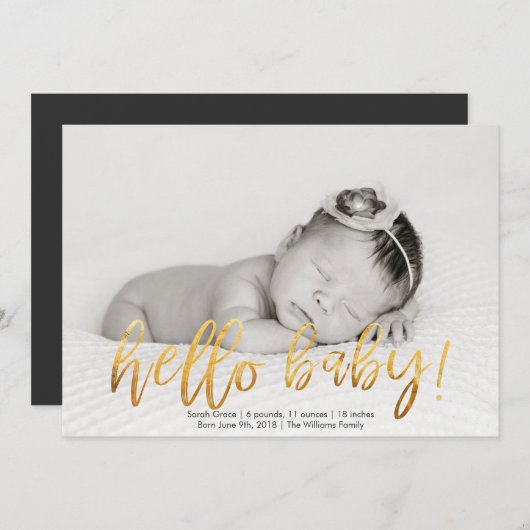 フェイクな金ゴールドのこんにちはベビー! 写真の誕生の発表 案内状 (正面/裏面)