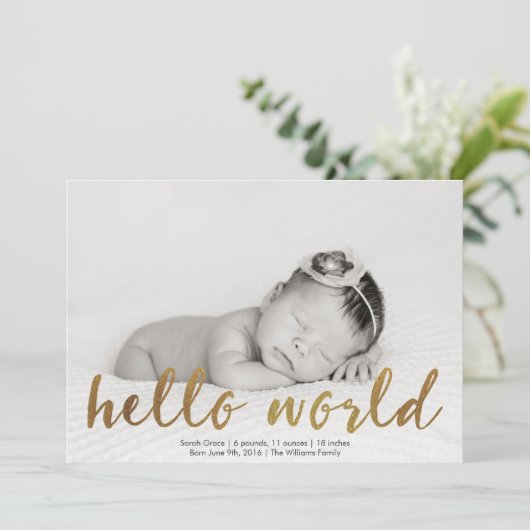 フェイクな金ゴールドのこんにちは世界の写真の誕生の発表 案内状 (スタンド正面)