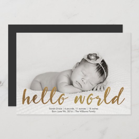 フェイクな金ゴールドのこんにちは世界の写真の誕生の発表 案内状 (正面/裏面)