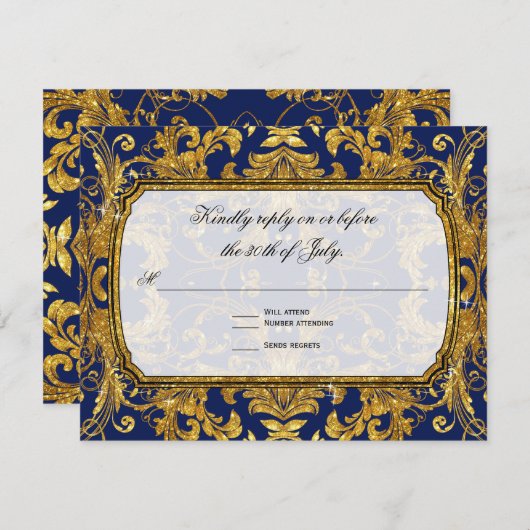 フェイクな金ゴールドのアールヌーボー海軍ヴィンテージRSVPの応答 出欠カード (正面/裏面)