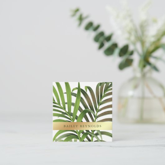 フェイクな金ゴールドのエレガントなヴィンテージのシュロの葉 スクエア名刺 (スタンド正面)