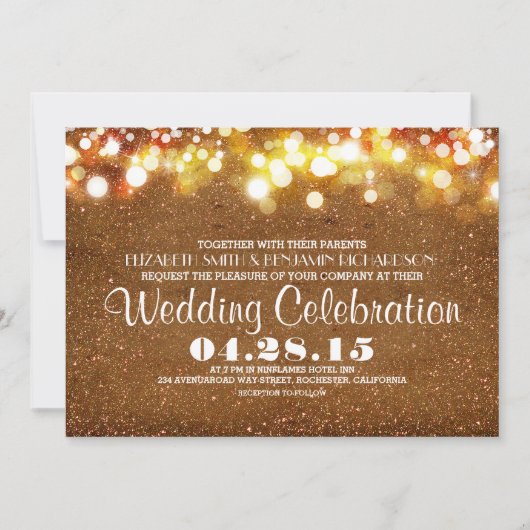 フェイクな金ゴールドのグリッターのひもは結婚式招待状をつけます 招待状 (正面)