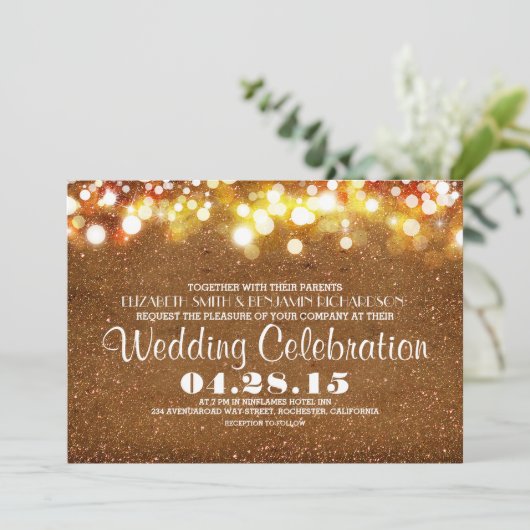 フェイクな金ゴールドのグリッターのひもは結婚式招待状をつけます 招待状 (スタンド正面)