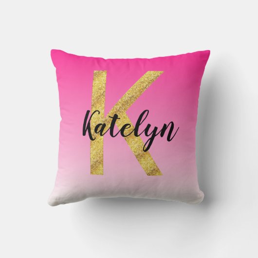 フェイクな金ゴールドのグリッターの大文字Kのピンクの勾配 クッション (裏面)