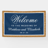 フェイクな金ゴールドのグリッターの濃紺の結婚式の歓迎 横断幕 (横)