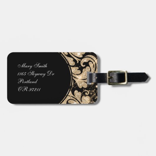 フェイクな金ゴールドのグリッターの花の渦巻 ラゲッジタグ (正面横)