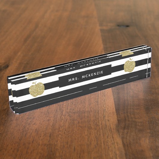 フェイクな金ゴールドのグリッターのApple |の先生の机用ネームプレート デスクネームプレート (側面)