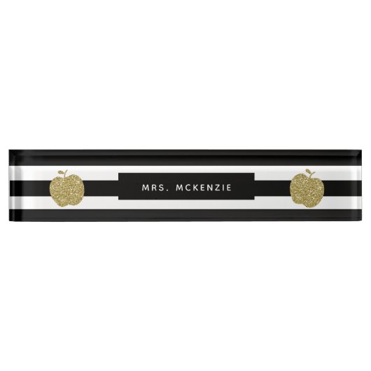 フェイクな金ゴールドのグリッターのApple |の先生の机用ネームプレート デスクネームプレート (正面)