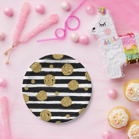フェイクな金ゴールドのグリッターは白黒のストライブ柄に点を打ちます ペーパープレート (パーティー)