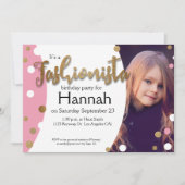 フェイクな金ゴールドのグリッター、ピンクのファッショニスタ点の誕生日 招待状 (正面)