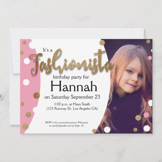 フェイクな金ゴールドのグリッター、ピンクのファッショニスタ点の誕生日 招待状 (正面)