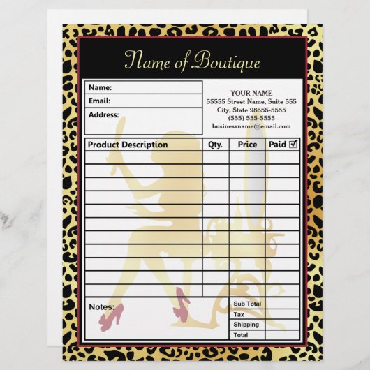 フェイクな金ゴールドのヒョウのプリントの毛のブティックの注文用紙 レターヘッド (正面/裏面)