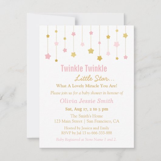 フェイクな金ゴールドのピンクのきらめきのきらめき少し星のベビー 招待状 (正面)