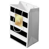フェイクな金ゴールドのモノグラムが付いている白黒ストライプ ミディアムペーパーバッグ (裏面アングル)