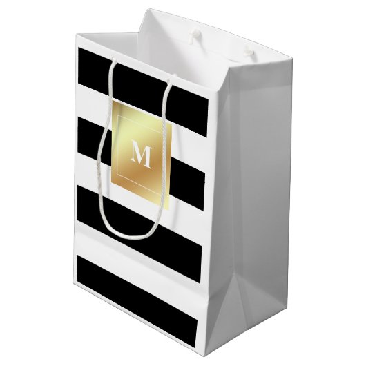 フェイクな金ゴールドのモノグラムが付いている白黒ストライプ ミディアムペーパーバッグ (裏面アングル)