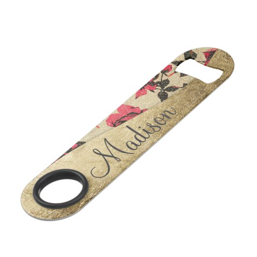 フェイクな金ゴールドのモノグラムの赤く素朴なバラ スピード栓抜き (正面アングル)